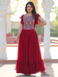 Mesmerizing Red Georgette Beads Embroidered Traditional Gown