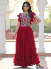Mesmerizing Red Georgette Beads Embroidered Traditional Gown