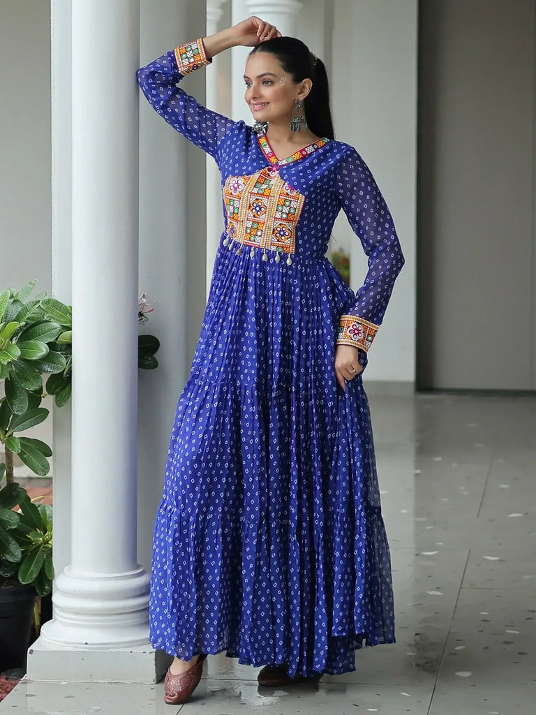 Intricate Blue Georgette Bandhani Print Navratri Wear Gown