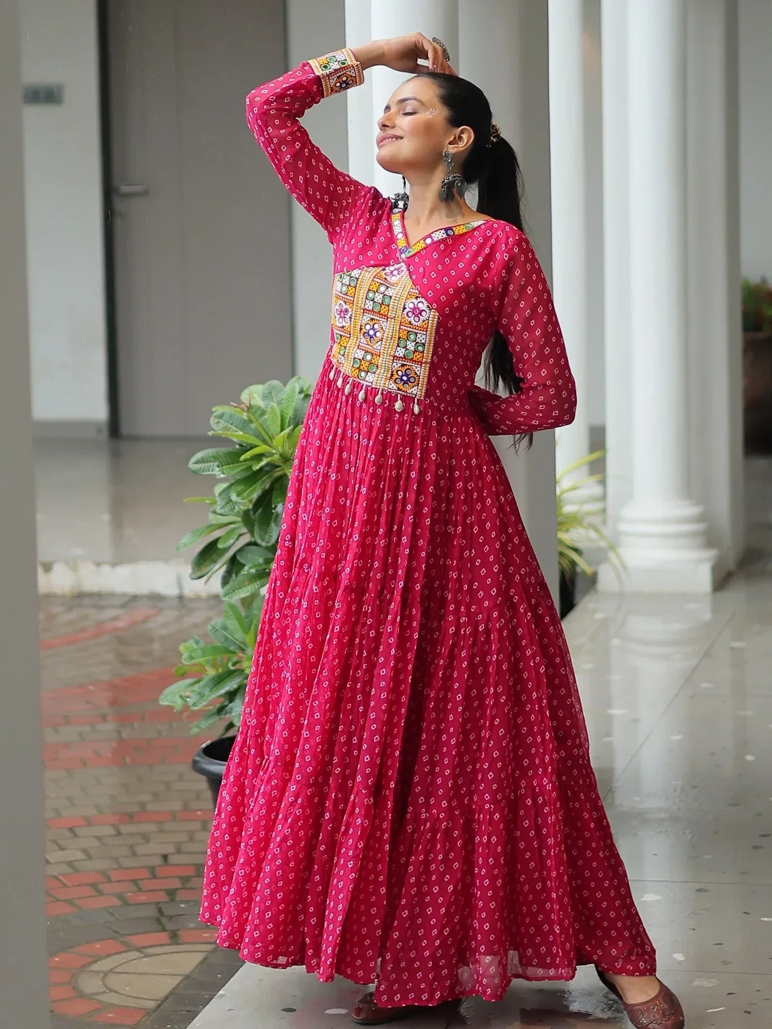 Marvelous Pink Bandhani Print Georgette Navratri Wear Gown