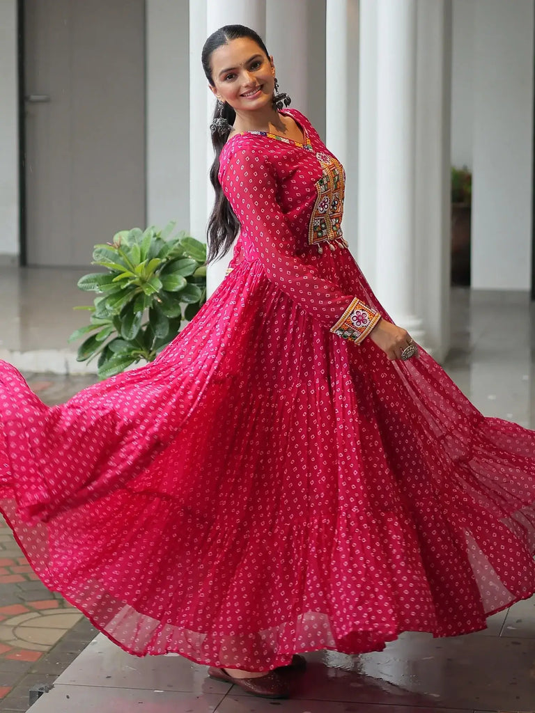 Marvelous Pink Bandhani Print Georgette Navratri Wear Gown