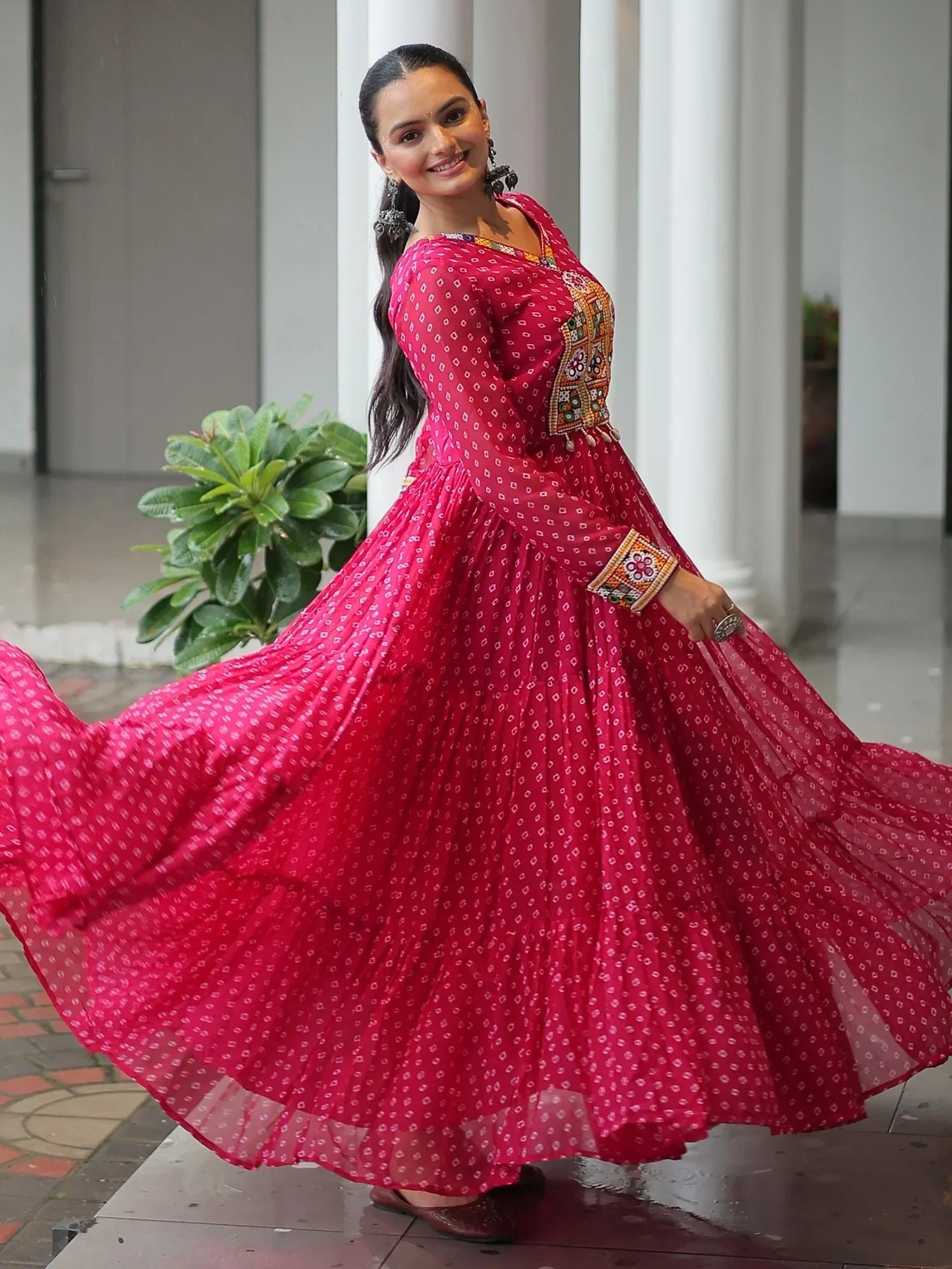 Marvelous Pink Bandhani Print Georgette Navratri Wear Gown