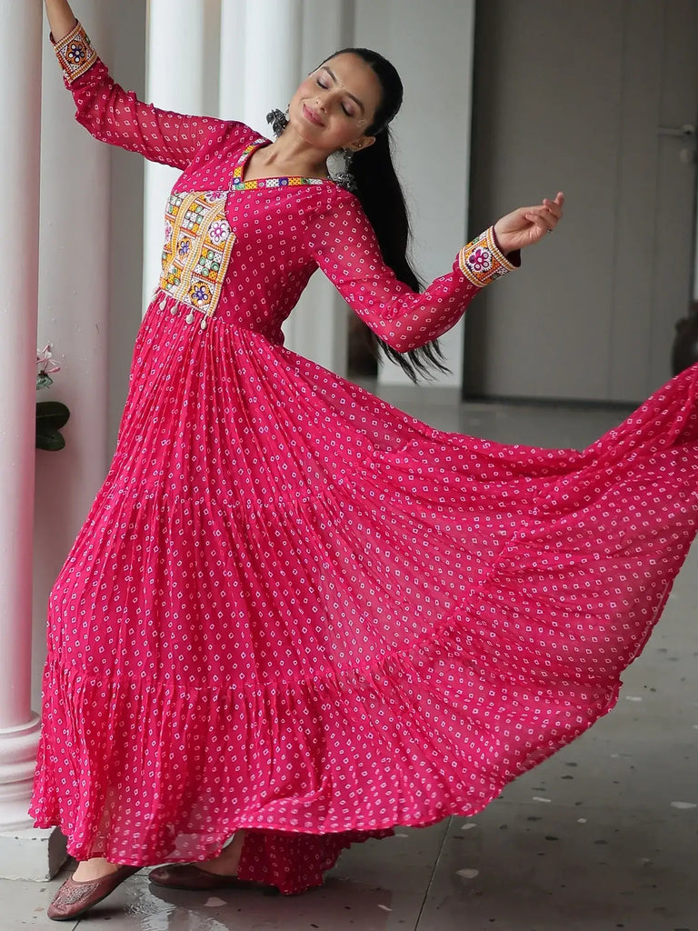 Marvelous Pink Bandhani Print Georgette Navratri Wear Gown