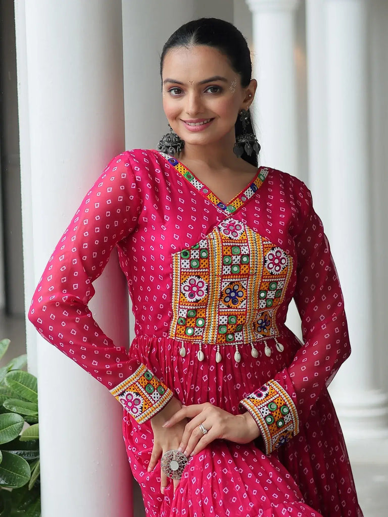 Marvelous Pink Bandhani Print Georgette Navratri Wear Gown