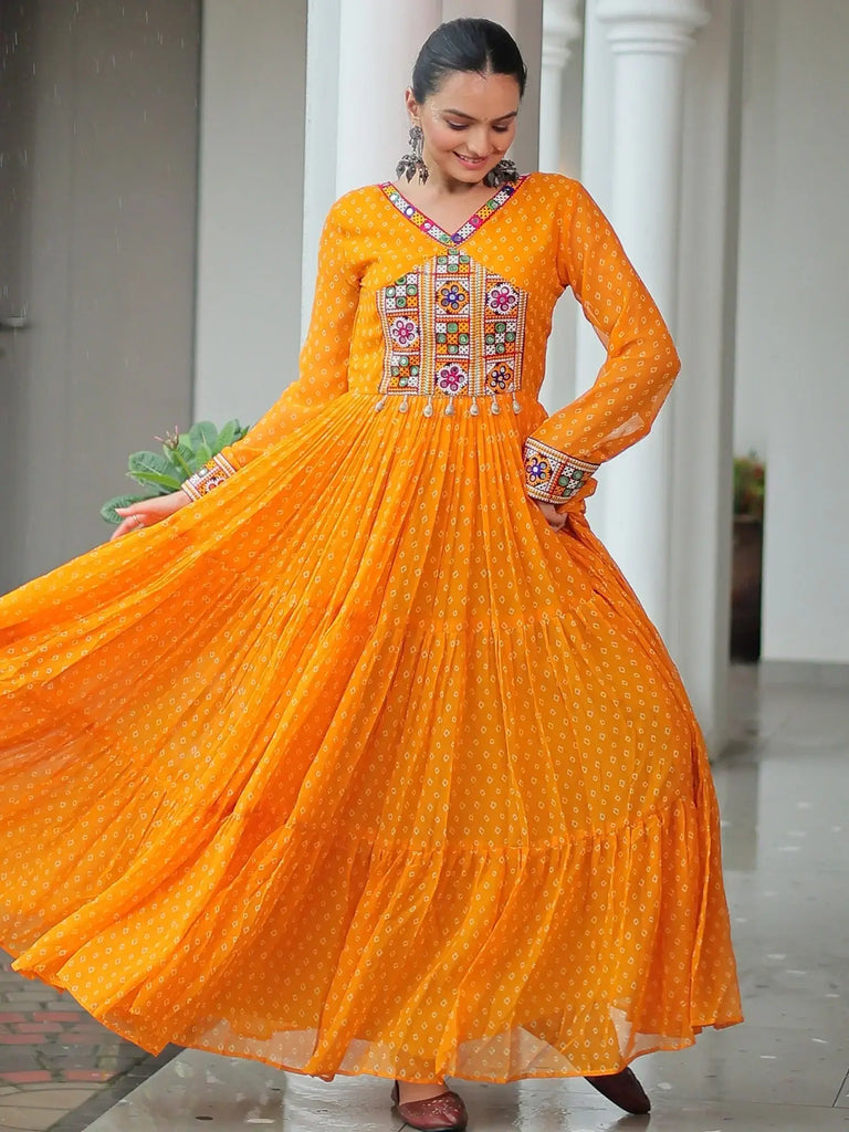 Impressive Yellow Kutchi Work Georgette Navratri Wear Gown