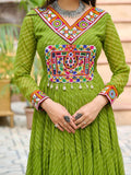 Regal Parrot Green Kutchi Work Georgette Navratri Wear Gown