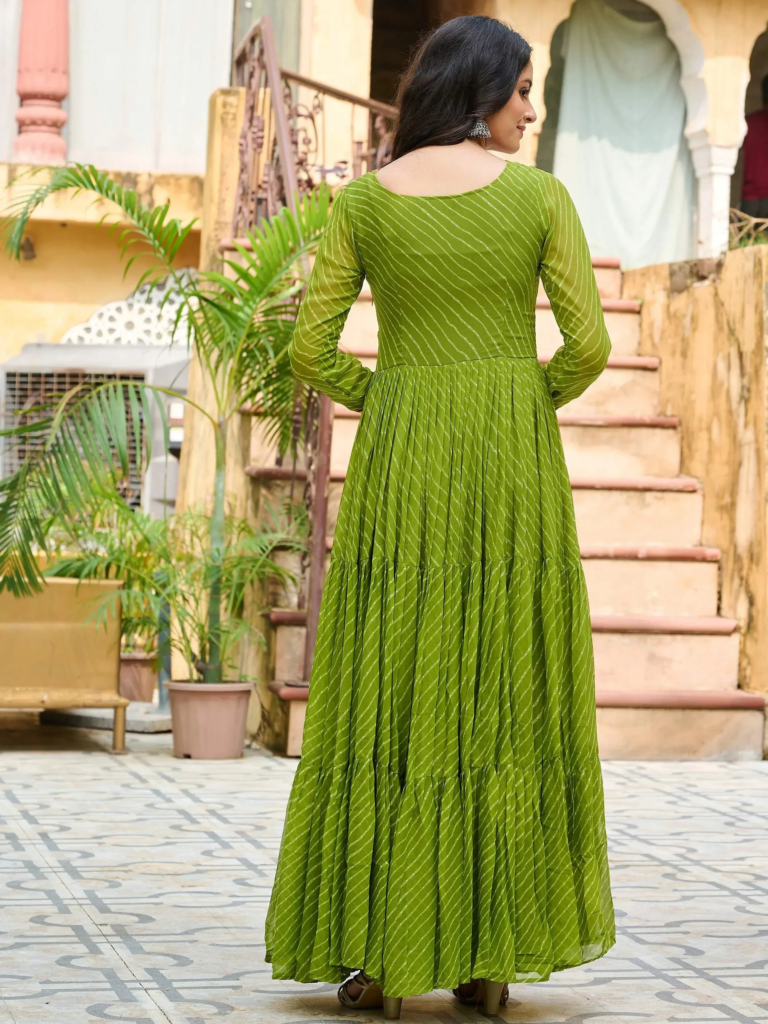 Green striped ethnic gown with pleated skirt, long sleeves, and back view for women