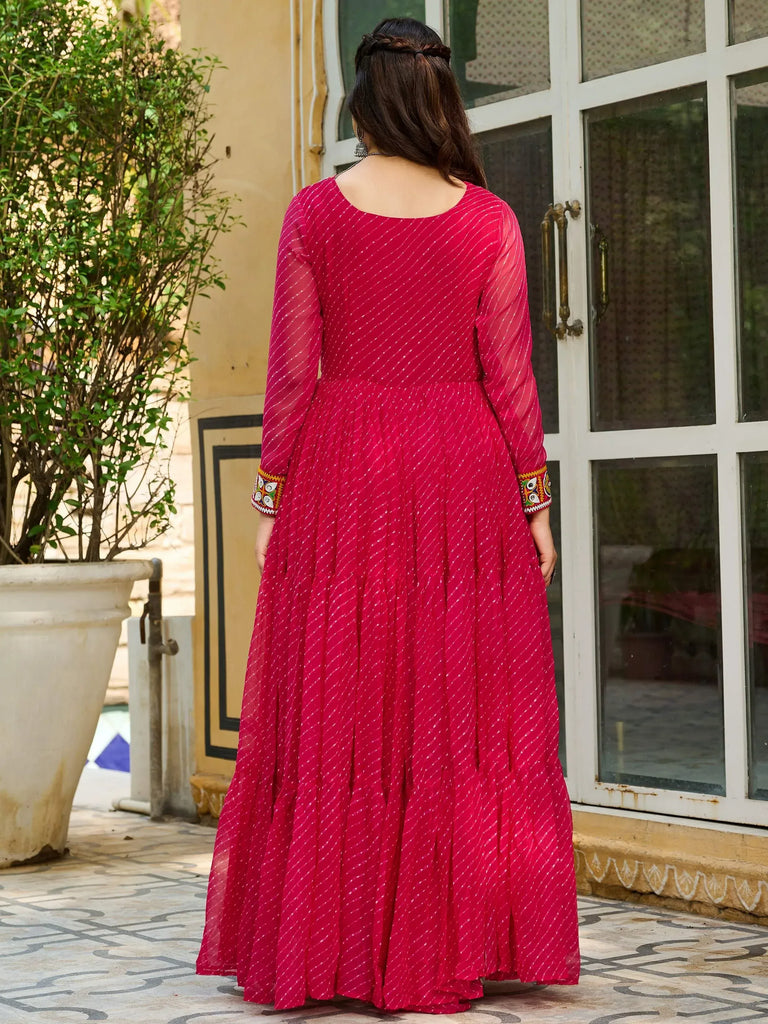 Pink ethnic gown with embroidered sleeves, back view, Indian designer wear