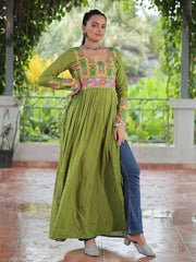 Beautiful Green Rayon Gamthi Work Navratri Wear Nayra Cut Kurti