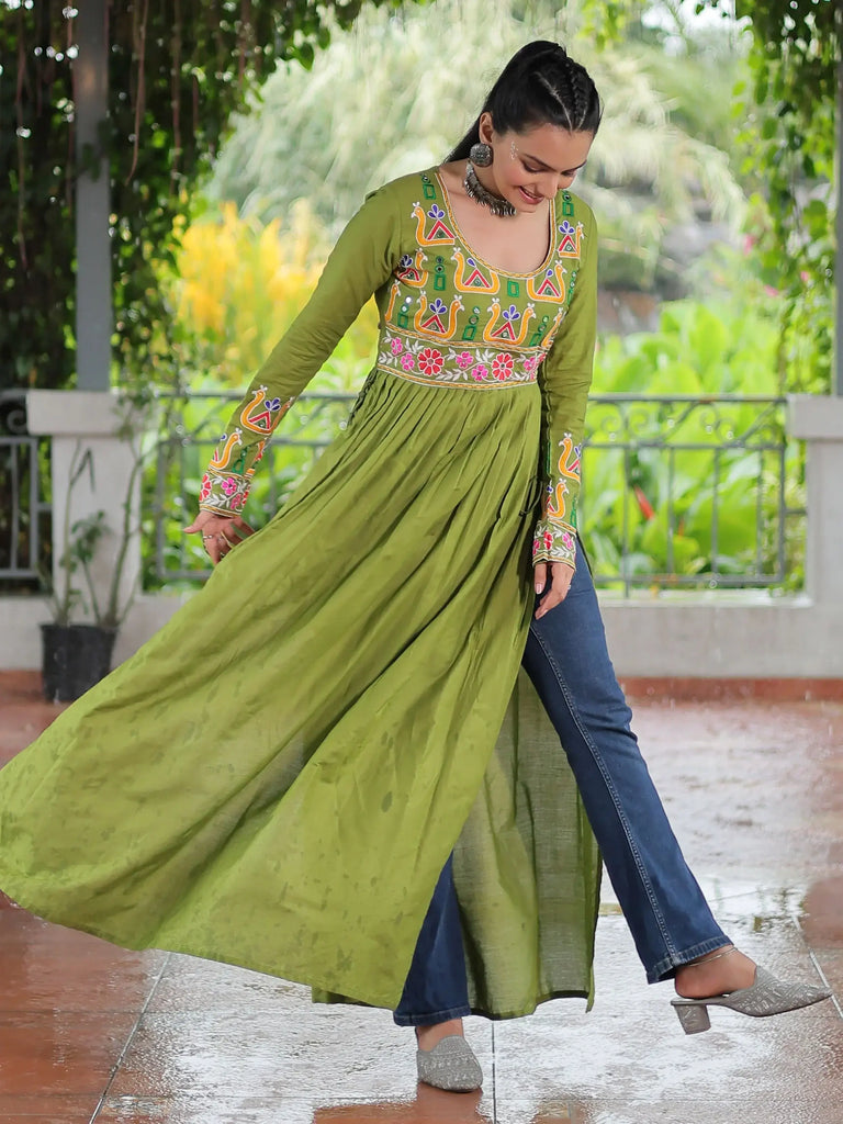 Beautiful Green Rayon Gamthi Work Navratri Wear Nayra Cut Kurti