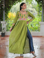 Beautiful Green Rayon Gamthi Work Navratri Wear Nayra Cut Kurti