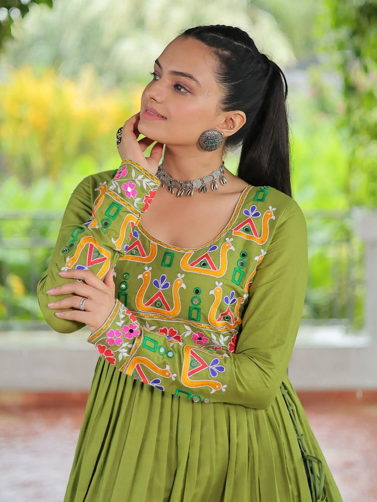 Beautiful Green Rayon Gamthi Work Navratri Wear Nayra Cut Kurti
