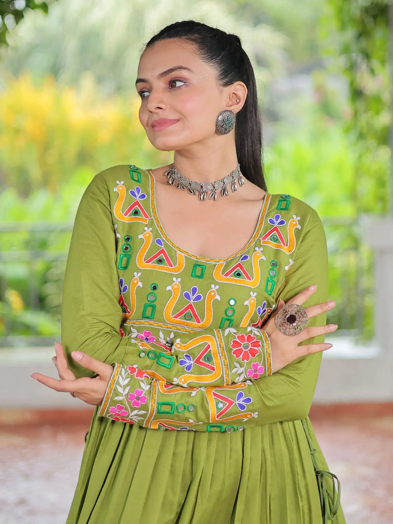 Beautiful Green Rayon Gamthi Work Navratri Wear Nayra Cut Kurti