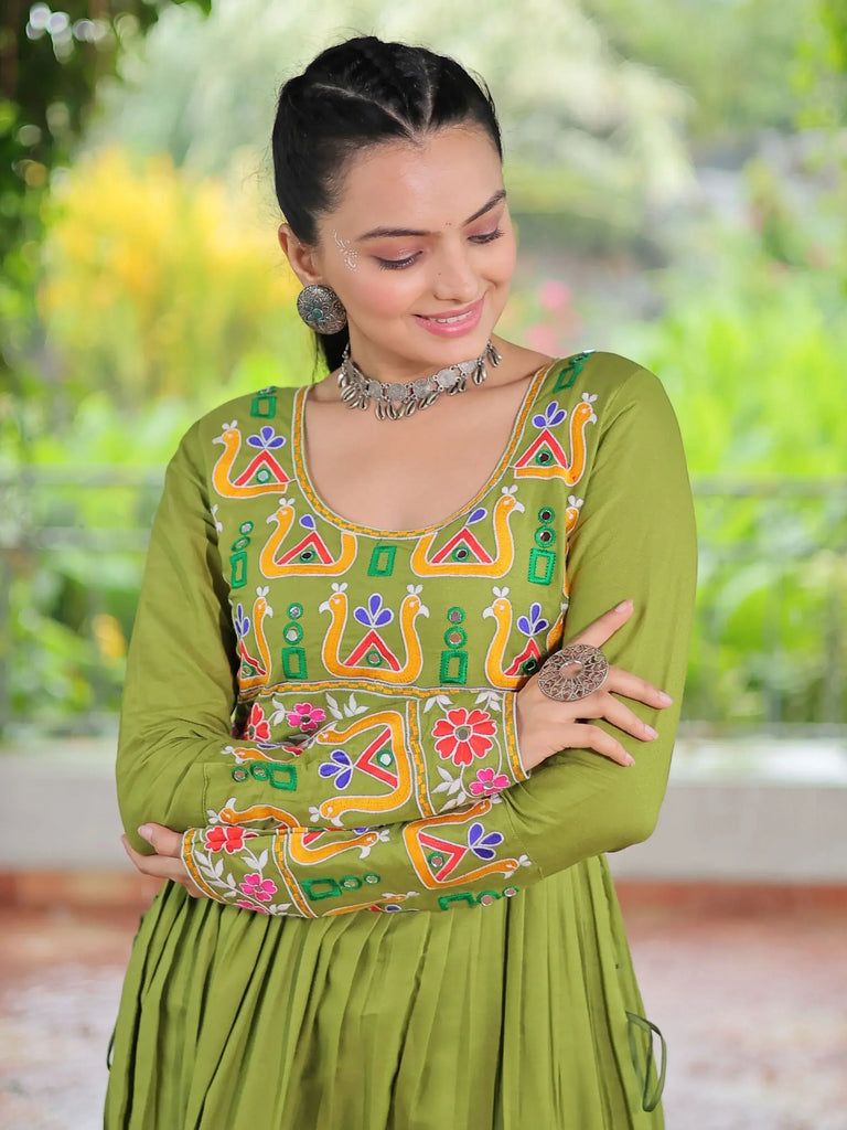 Beautiful Green Rayon Gamthi Work Navratri Wear Nayra Cut Kurti