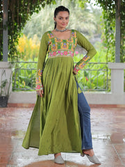 Beautiful Green Rayon Gamthi Work Navratri Wear Nayra Cut Kurti