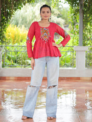 Regal Red Georgette Kutchi Work Navratri Wear Peplum Top