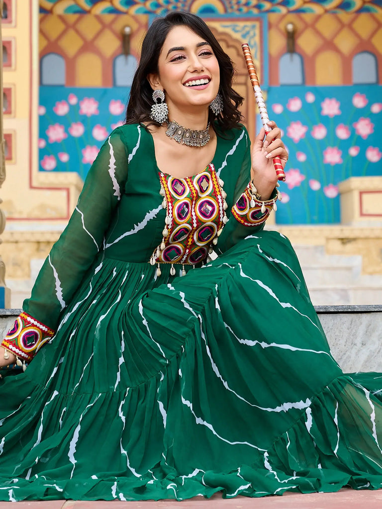 Timeless Green Georgette Leheriya Print Navratri Wear Gown