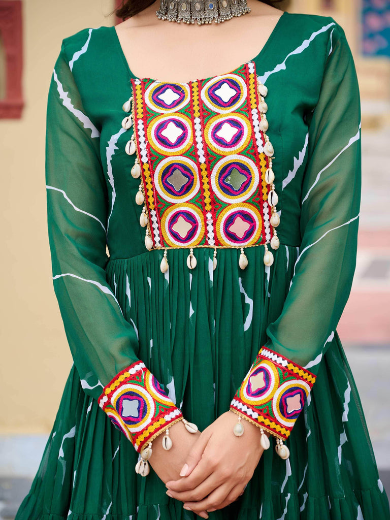 Timeless Green Georgette Leheriya Print Navratri Wear Gown