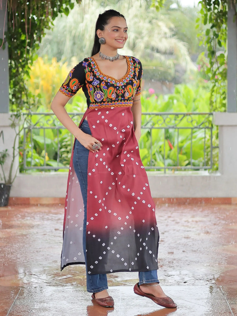 Stunning Black Rayon Patch Work Festival Wear Nayra Cut Kurti