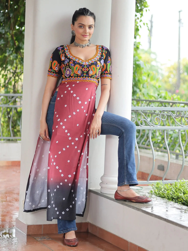 Stunning Black Rayon Patch Work Festival Wear Nayra Cut Kurti