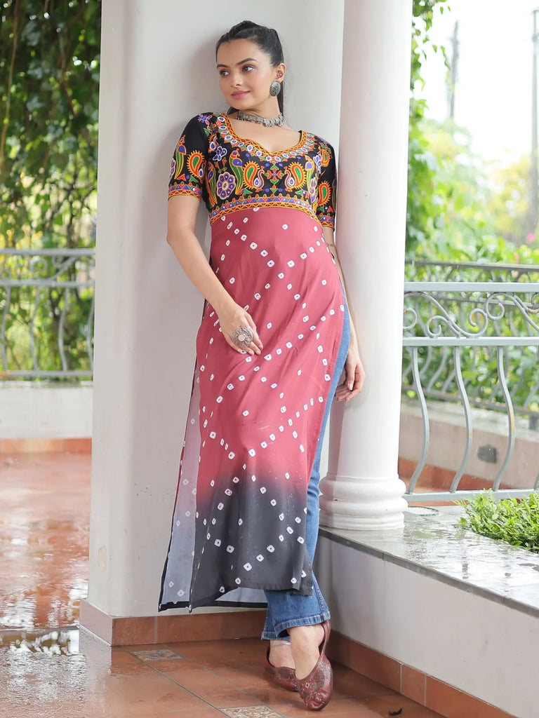 Stunning Black Rayon Patch Work Festival Wear Nayra Cut Kurti