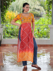 Impressive Yellow Rayon Leheriya Print Navratri Wear Nayra Cut Kurti