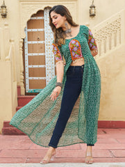 Delicate Green Georgette Bandhani Printed Front Slit Designer Kurti