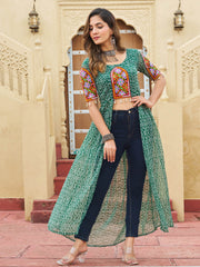 Delicate Green Georgette Bandhani Printed Front Slit Designer Kurti