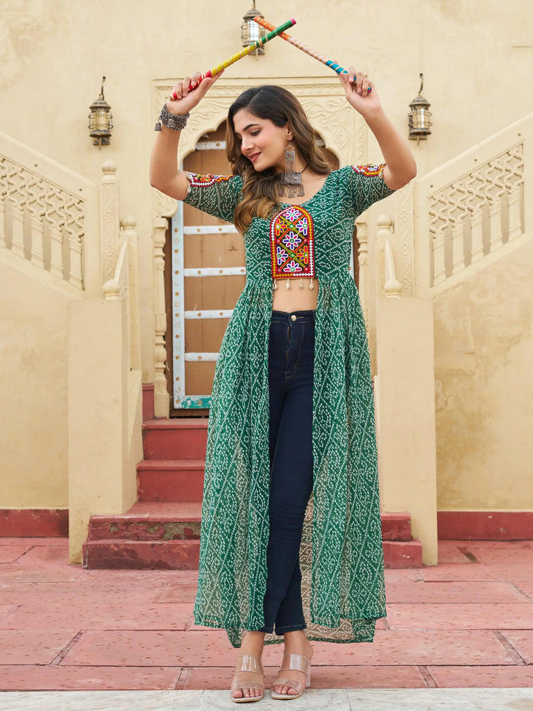 Delicate Green Georgette Bandhani Printed Front Slit Designer Kurti