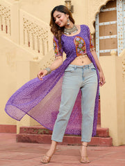 Charming Purple Bandhani Printed Long Slitted Navratri Special Kurti