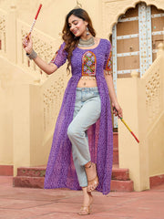 Charming Purple Bandhani Printed Long Slitted Navratri Special Kurti