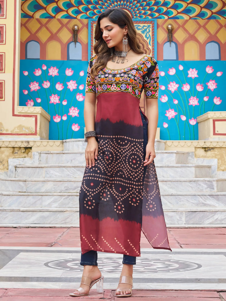 Adorning Black Georgette Kutchi Gamthi Work Festival Wear Kurti