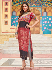 Gleaming Maroon Georgette Bandhani Printed Navratri Wear Kurti