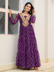 Dazzling Purple Bandhani Printed Georgette Festival Wear Gown