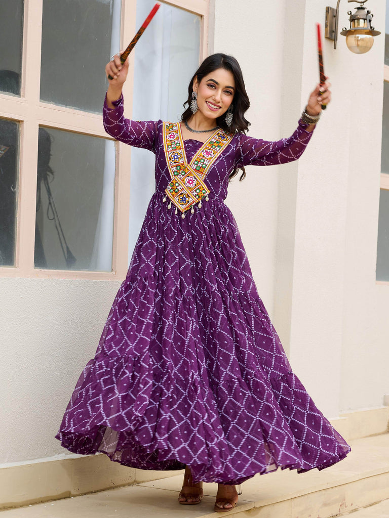 Dazzling Purple Bandhani Printed Georgette Festival Wear Gown