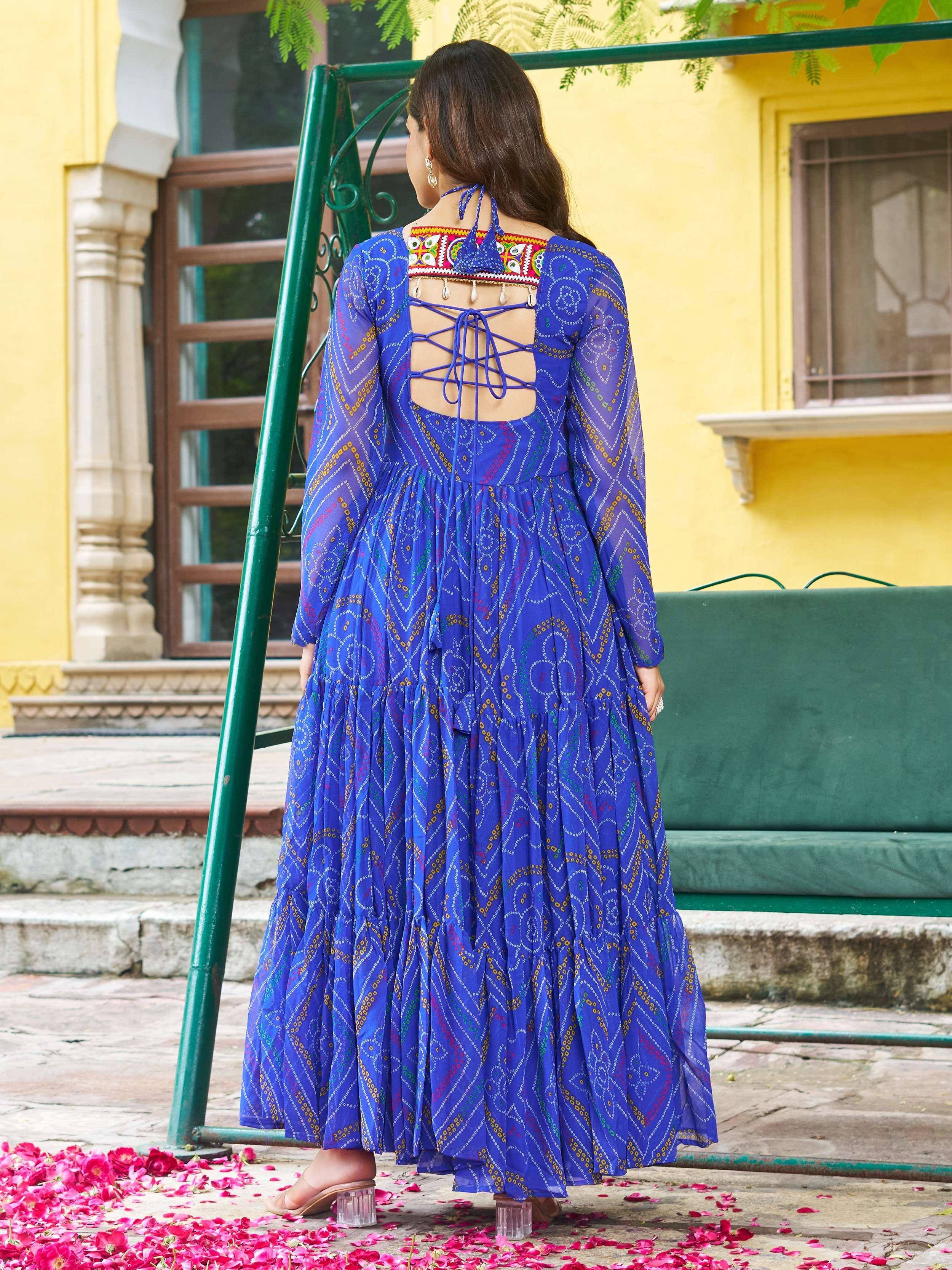 Blue printed ethnic gown with back lace-up and mirror work, perfect for Indian occasions