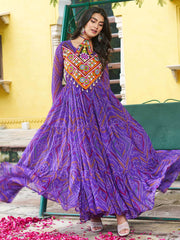 Pretty Purple Georgette Kutchi Work Navratri Wear Layered Gown