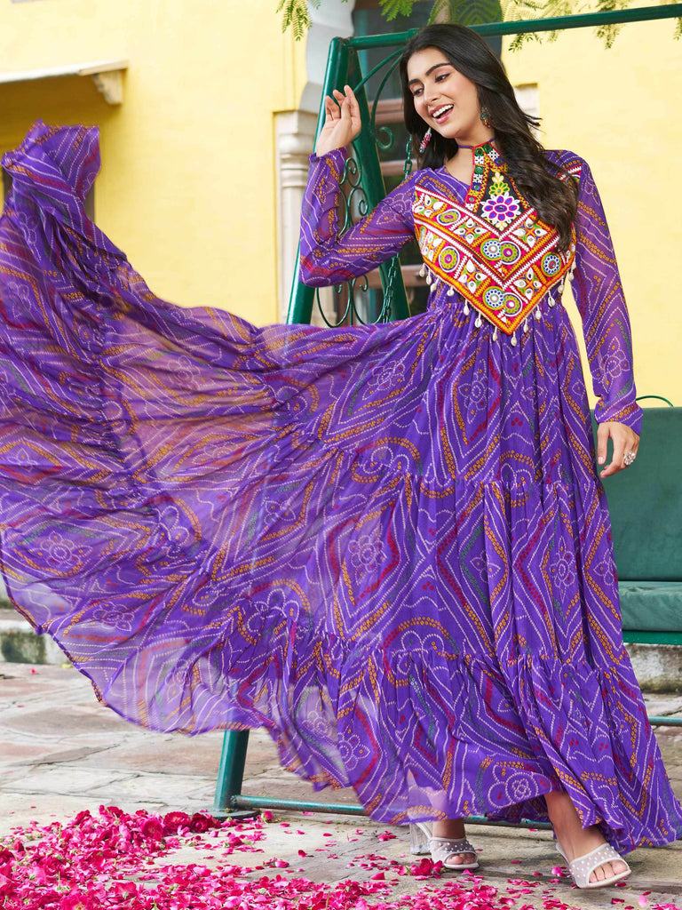 Pretty Purple Georgette Kutchi Work Navratri Wear Layered Gown