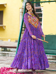 Pretty Purple Georgette Kutchi Work Navratri Wear Layered Gown