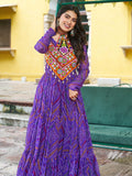 Pretty Purple Georgette Kutchi Work Navratri Wear Layered Gown