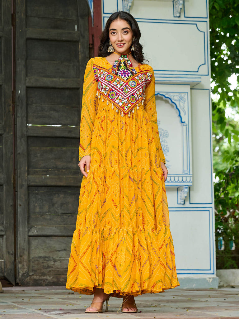 Beautiful Yellow Georgette Bandhani Printed Navratri Wear Gown