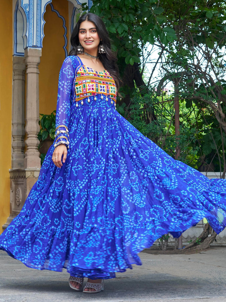 Dazzling Blue Kutchi Patch Work Georgette Traditional Layered Gown