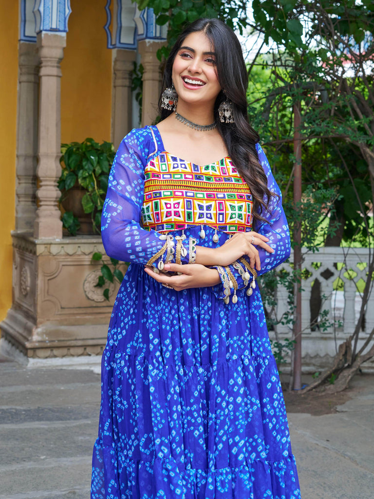Dazzling Blue Kutchi Patch Work Georgette Traditional Layered Gown