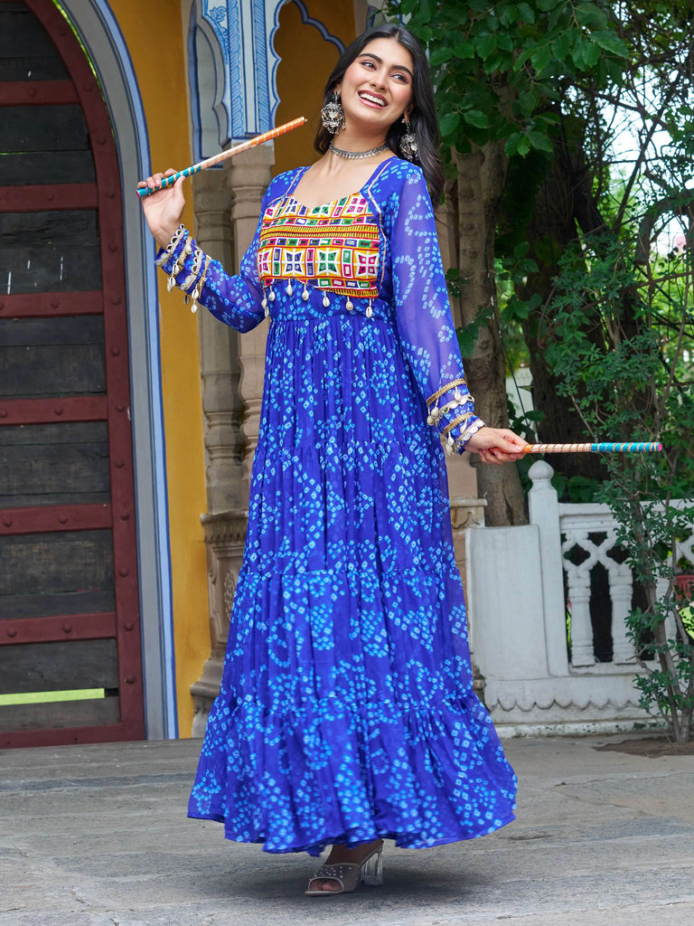 Dazzling Blue Kutchi Patch Work Georgette Traditional Layered Gown