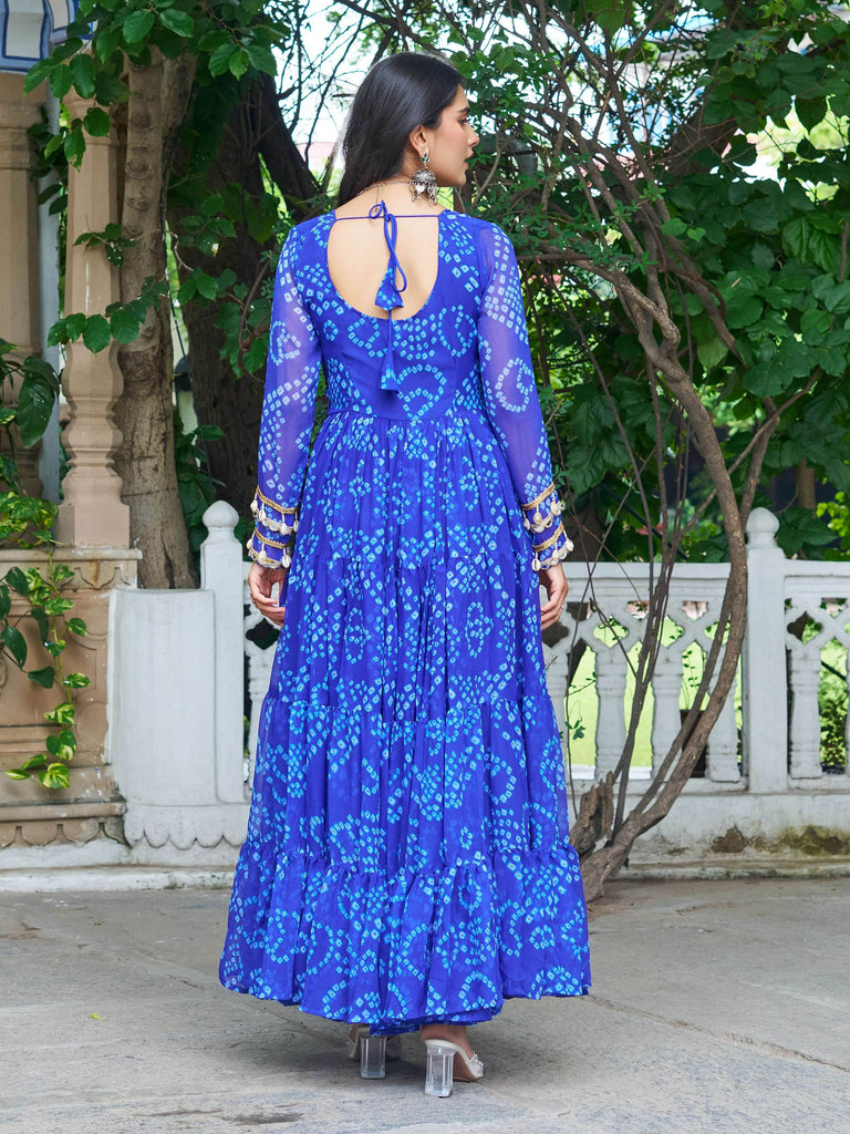 Dazzling Blue Kutchi Patch Work Georgette Traditional Layered Gown