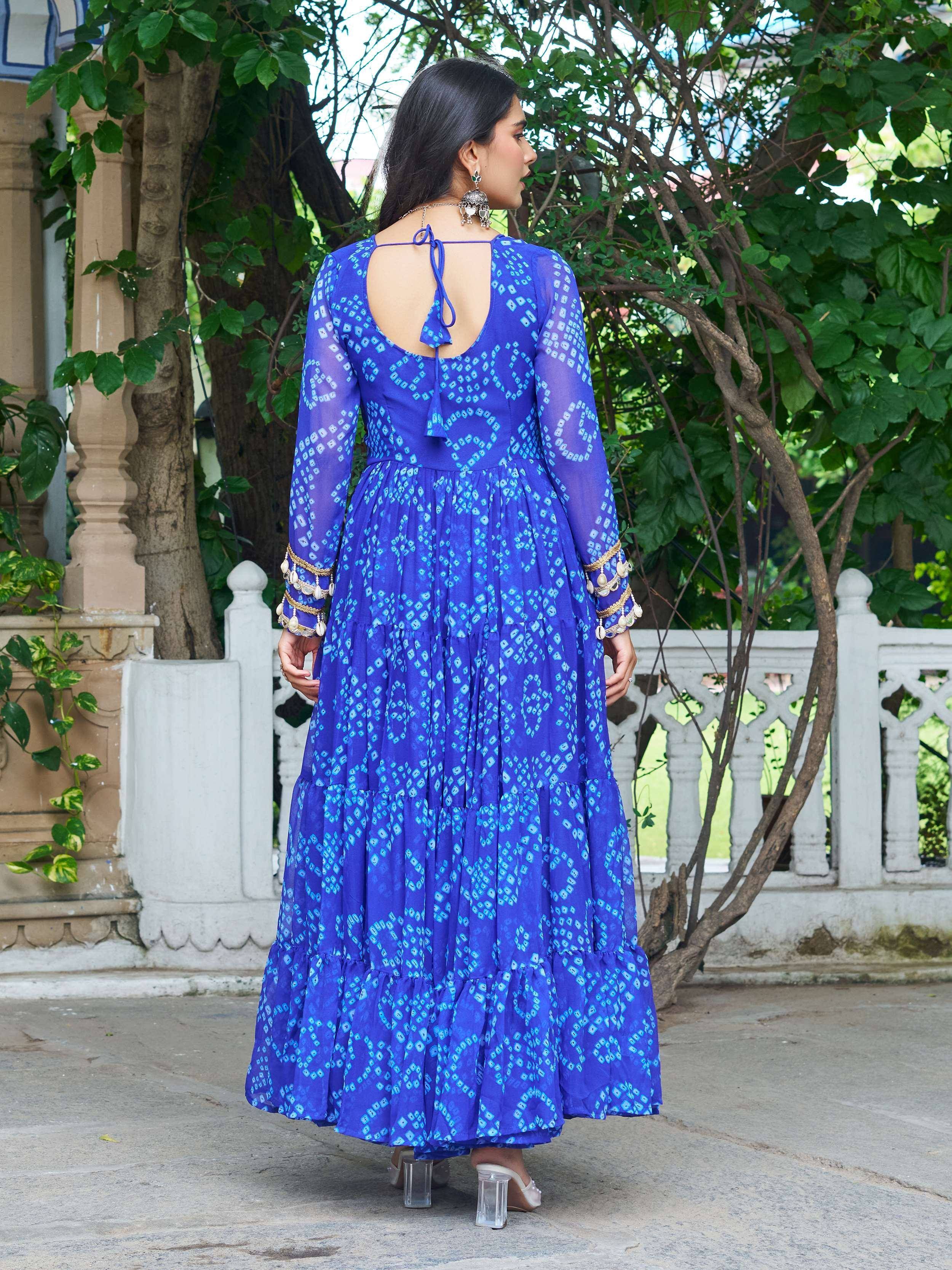 Blue printed ethnic gown with back tie and embellished sleeves, perfect for Indian wear