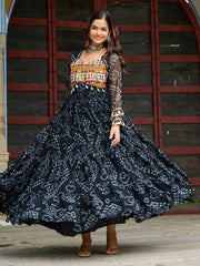 Sweet Black Georgette Bandhani Printed Navratri Wear Layered Gown