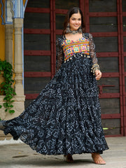 Sweet Black Georgette Bandhani Printed Navratri Wear Layered Gown