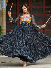 Sweet Black Georgette Bandhani Printed Navratri Wear Layered Gown