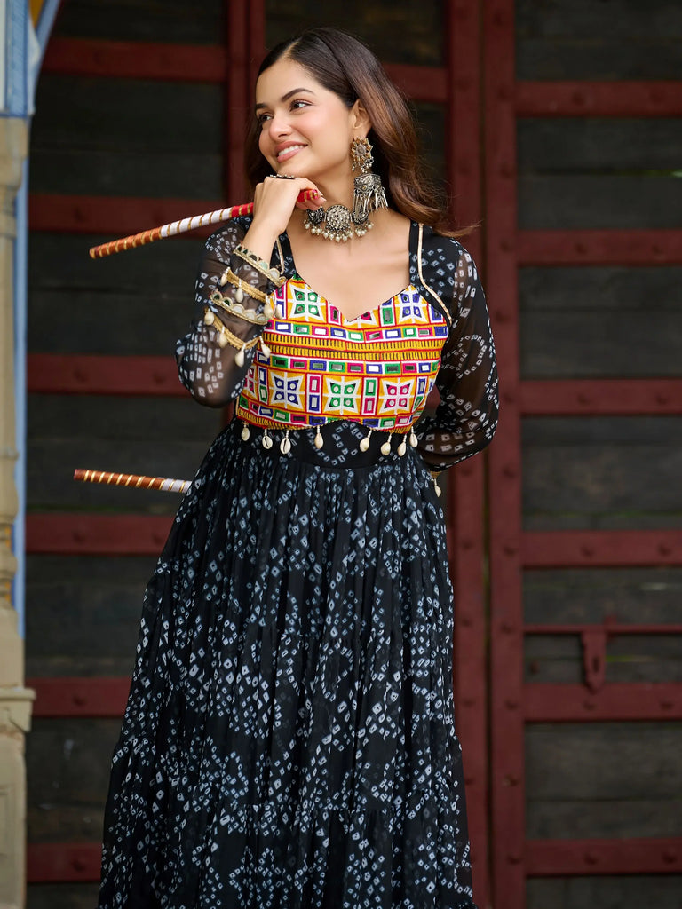 Sweet Black Georgette Bandhani Printed Navratri Wear Layered Gown